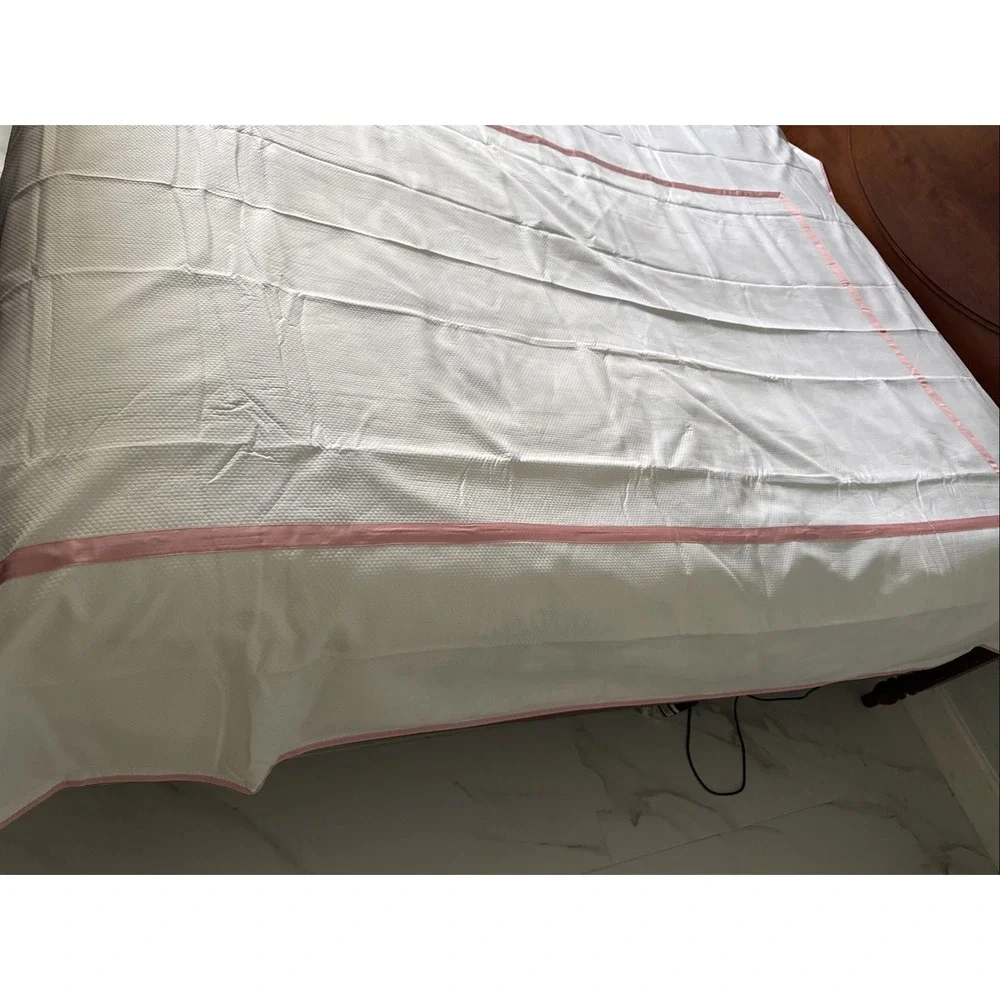 Look Linen Co Twin Banded Duvet Cover White Pink Trim Cotton Portugal Luxury‎